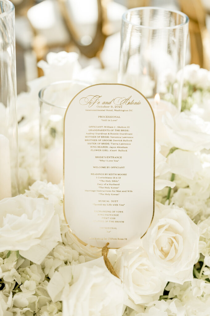 White and Gold Ceremony Menu with tassel