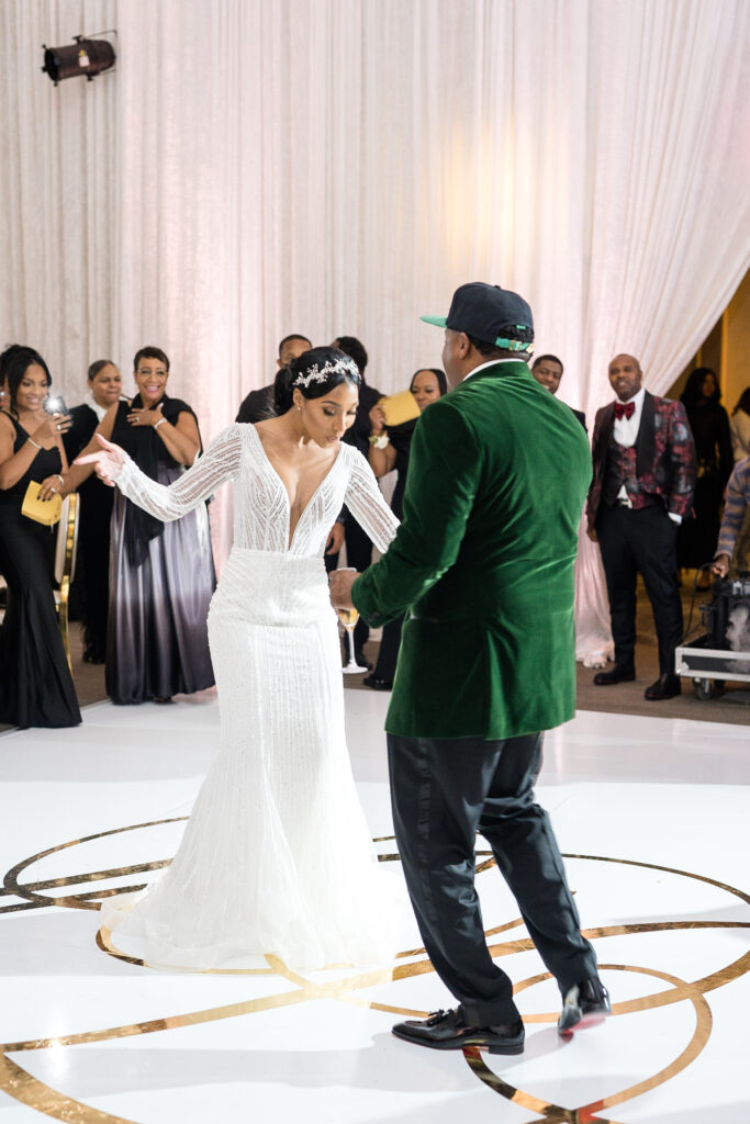Bride and Groom outfit change with Emerald Green Tux